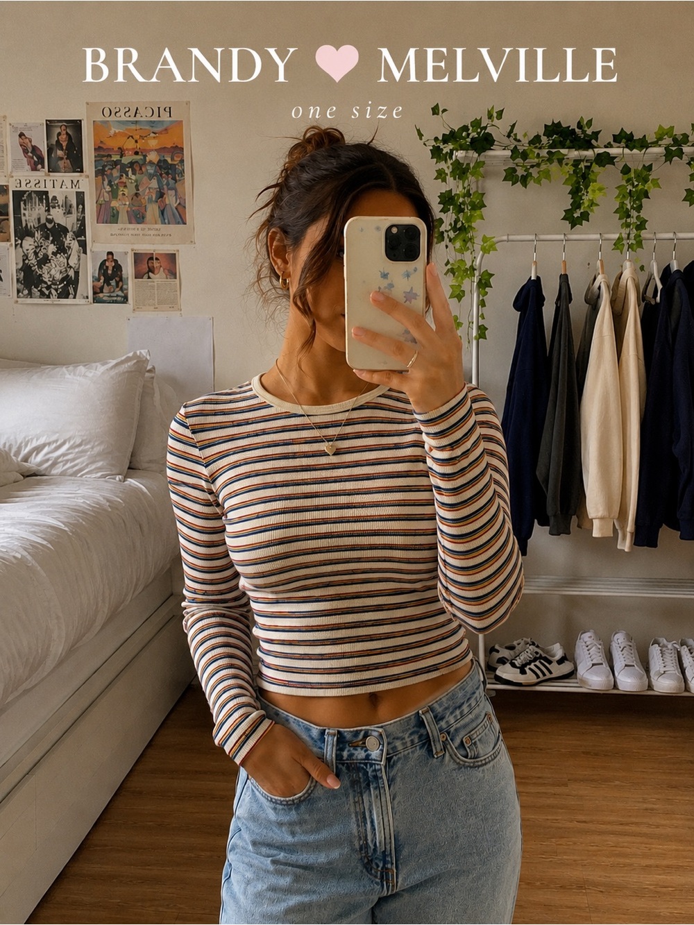 Brandy Melville Neutral Multi-Striped Long Sleeve Crop Top